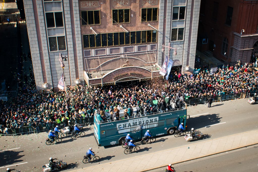 eagles parade route in front of merriam theatre