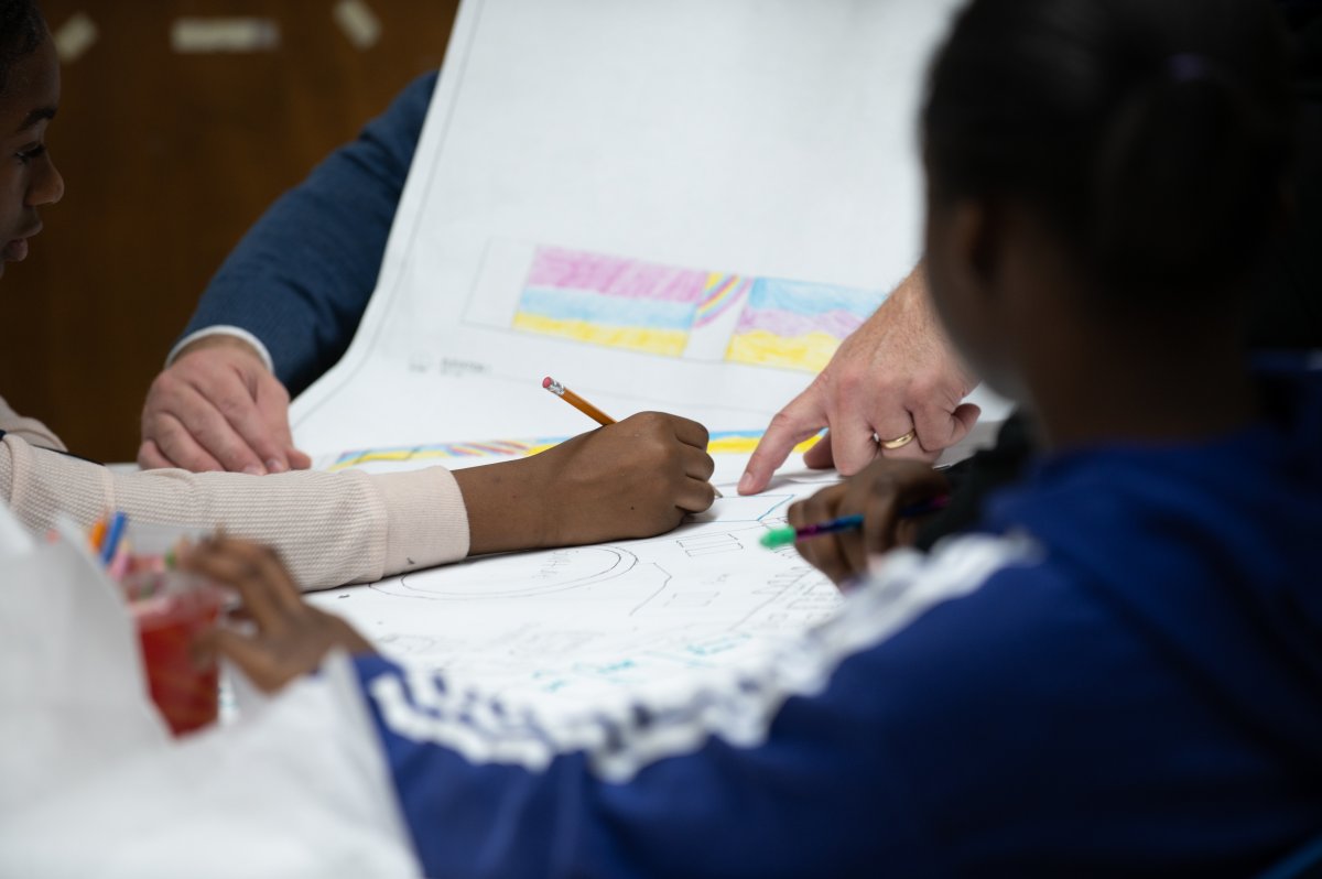 Students at William D. Kelley School in North Philadelphia work on a new design concept for a new space. 