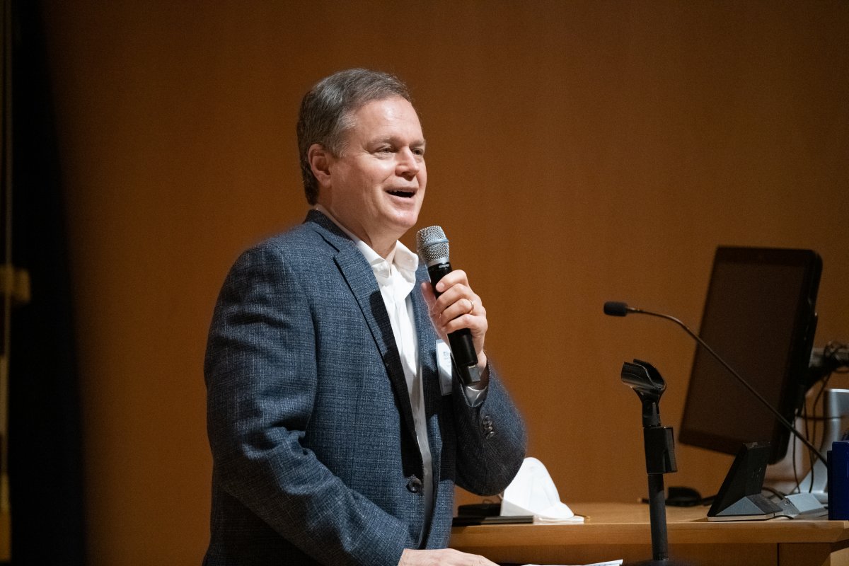John A. Dani, PhD, is the new chair of the Department of Neuroscience in the Perelman School of Medicine and the Director of the Mahoney Institute for Neurosciences (MINS) at the University of Pennsylvania. Here, he is speaking at a podium during the MINS Year of Psychedelics symposium.